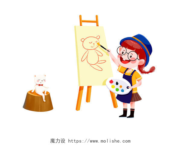 彩色卡通手绘美术儿童女孩画画绘画元素PNG素材
